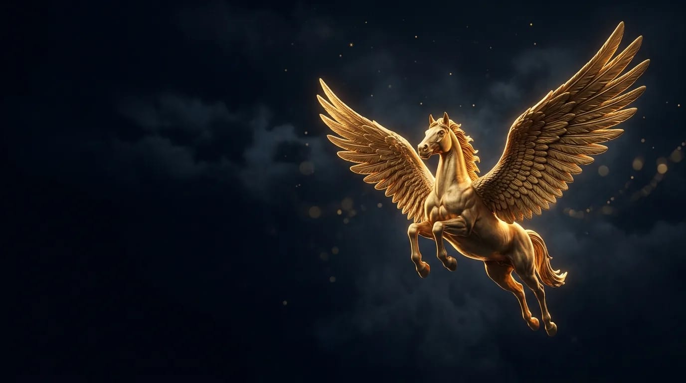 Cavalo alado dourado em pleno voo contra um céu escuro