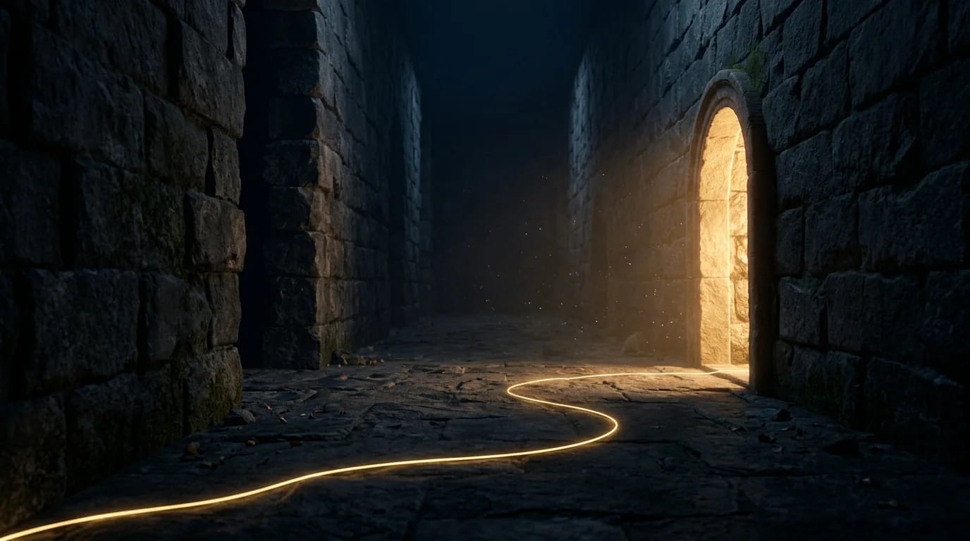 Corredor de um labirinto de pedra com um fio de ouro levando a uma porta iluminada