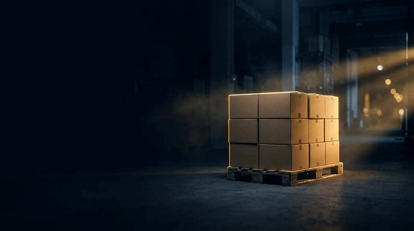 Pilhas de caixas e um palete num galpão escuro, cortados por feixes de luz dourada