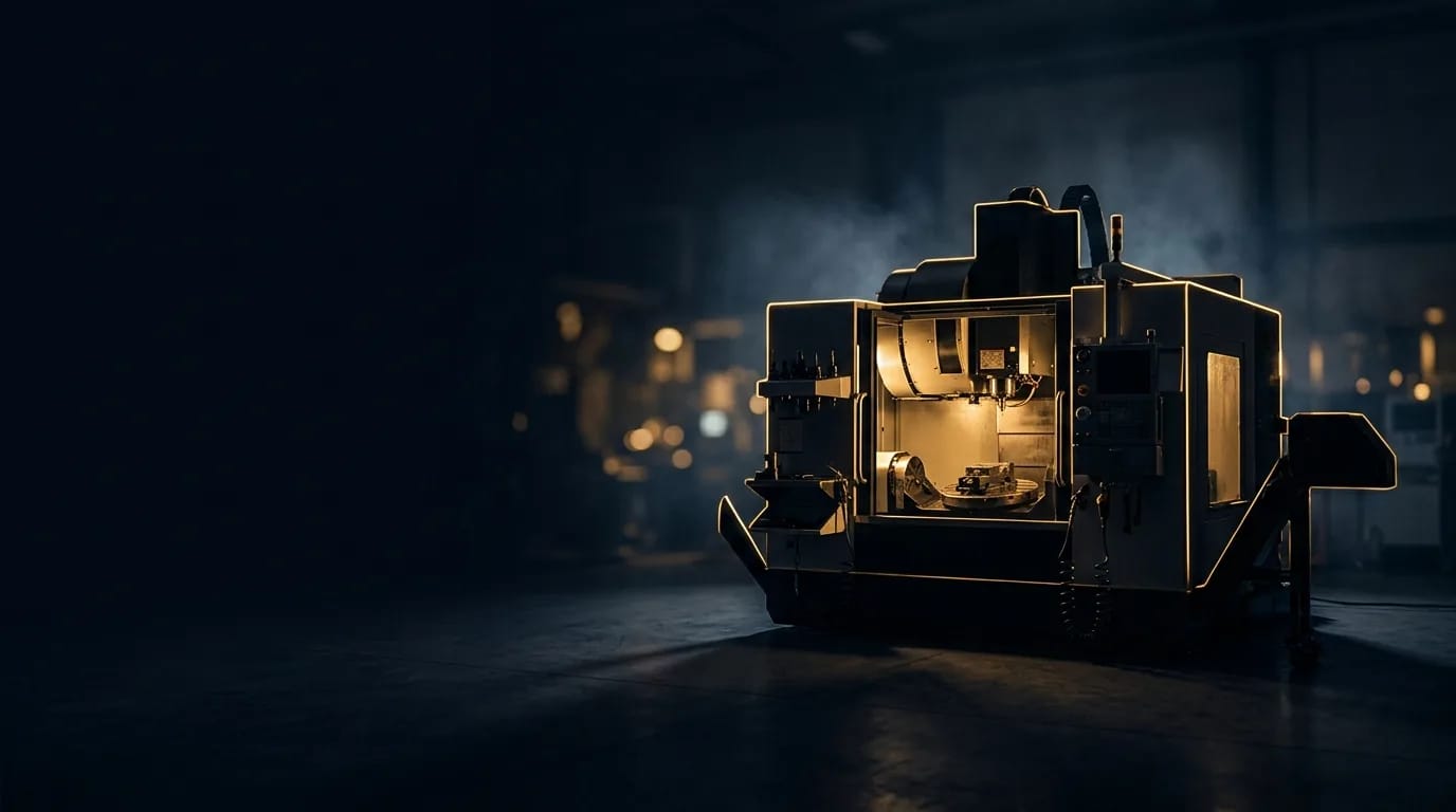 Máquina industrial de usinagem num galpão escuro, com o contorno iluminado em dourado
