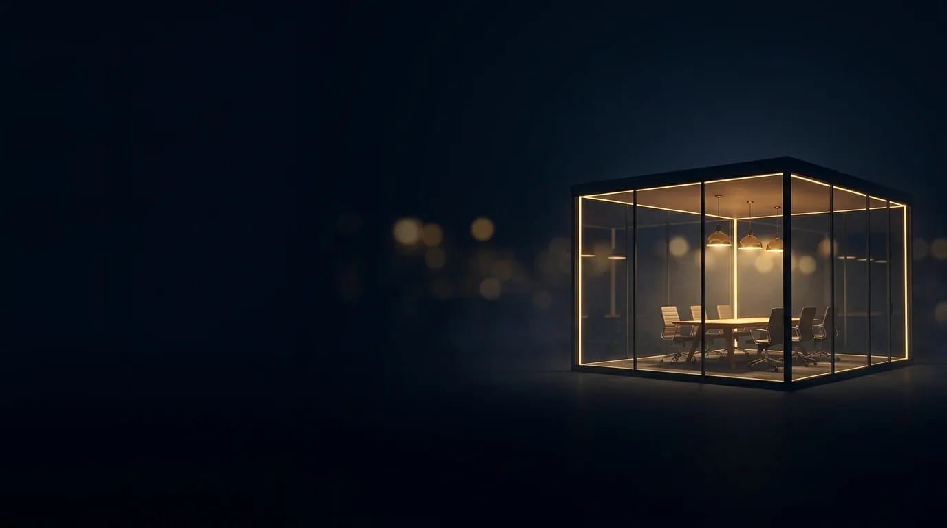 Sala de reunião de vidro iluminada à noite, com mesa e cadeiras vazias
