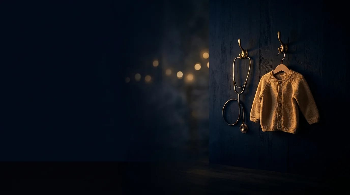 Estetoscópio e um casaquinho de criança pendurados lado a lado na parede, à meia-luz