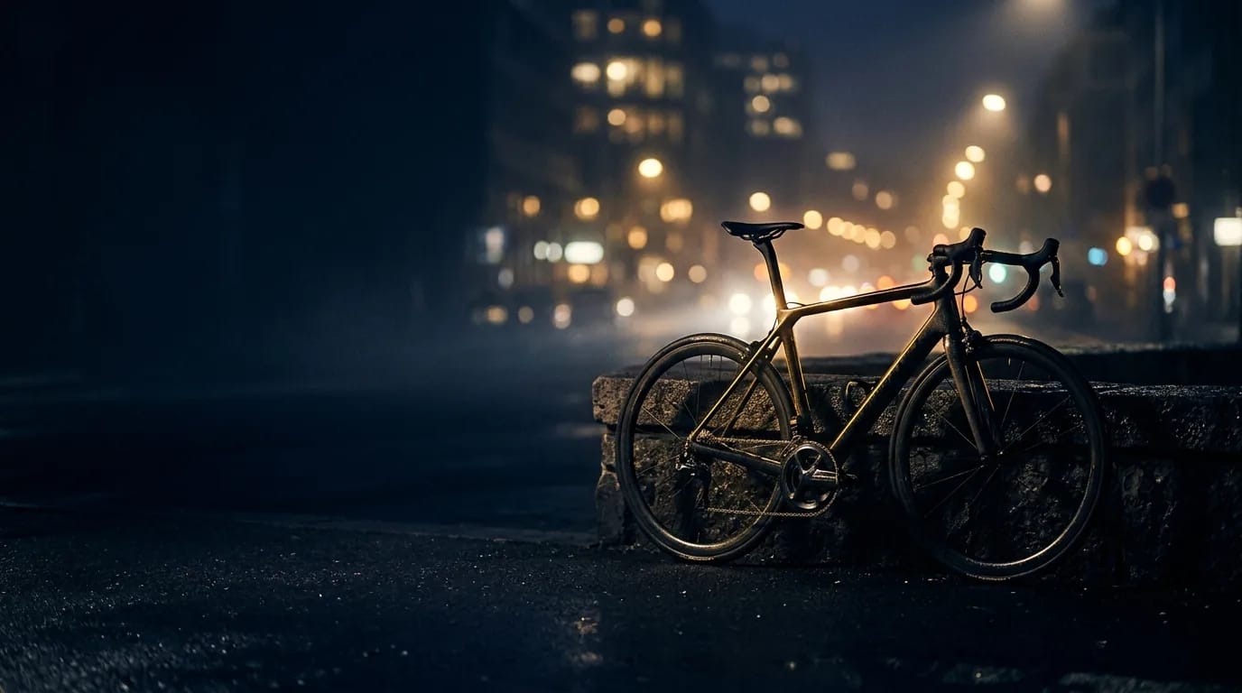 Bicicleta de estrada encostada num muro baixo, numa rua molhada à noite