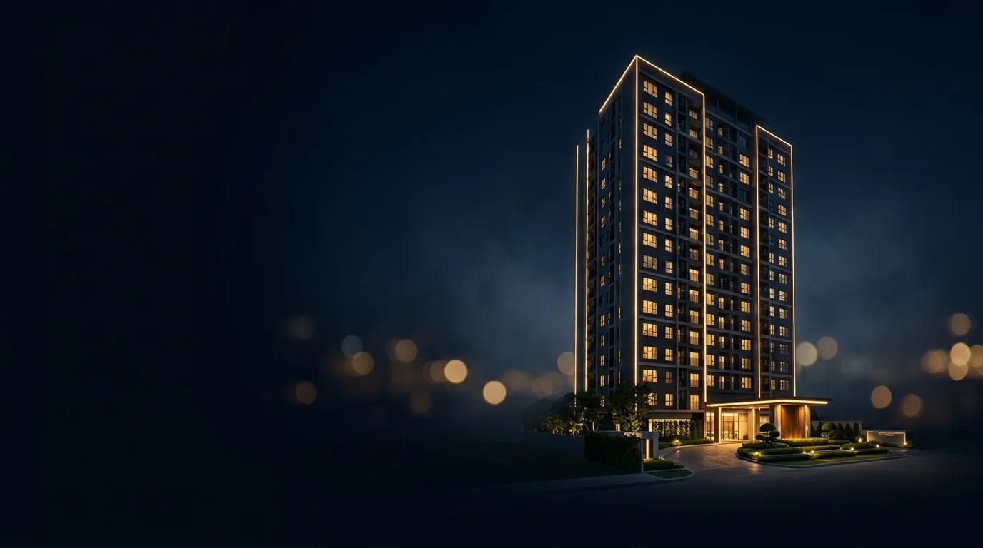 Torre residencial com janelas iluminadas à noite