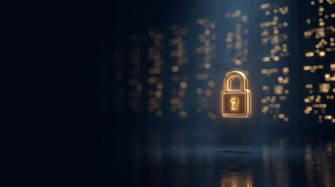 Cadeado dourado iluminado diante das luzes de um data center