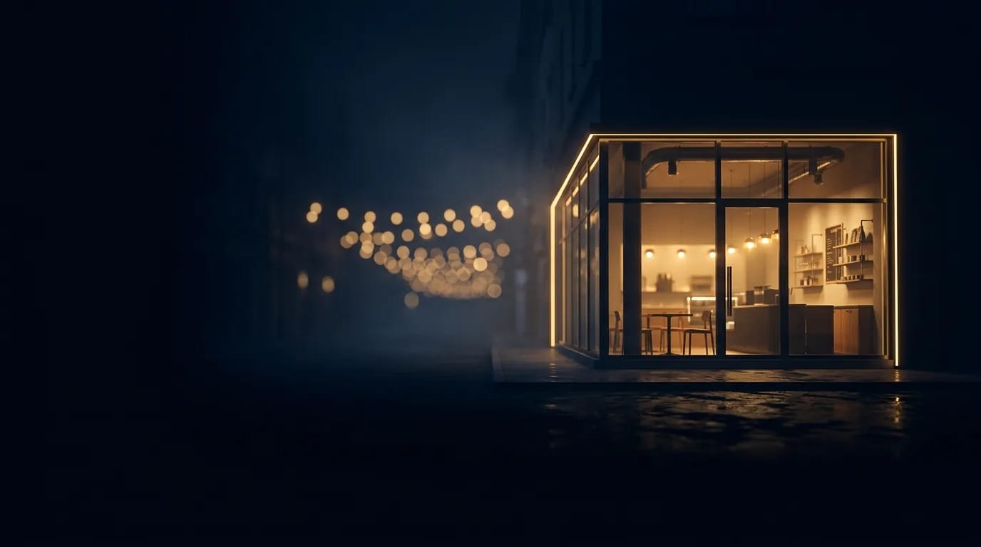 Fachada de vidro de uma pequena loja iluminada à noite