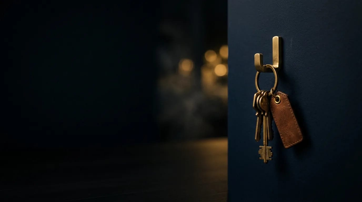 Molho de chaves com etiqueta de couro pendurado num gancho na parede