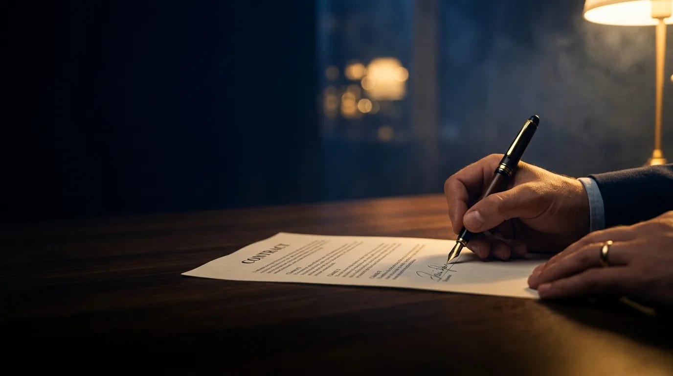 Mão assinando um contrato com caneta-tinteiro, sob a luz de um abajur