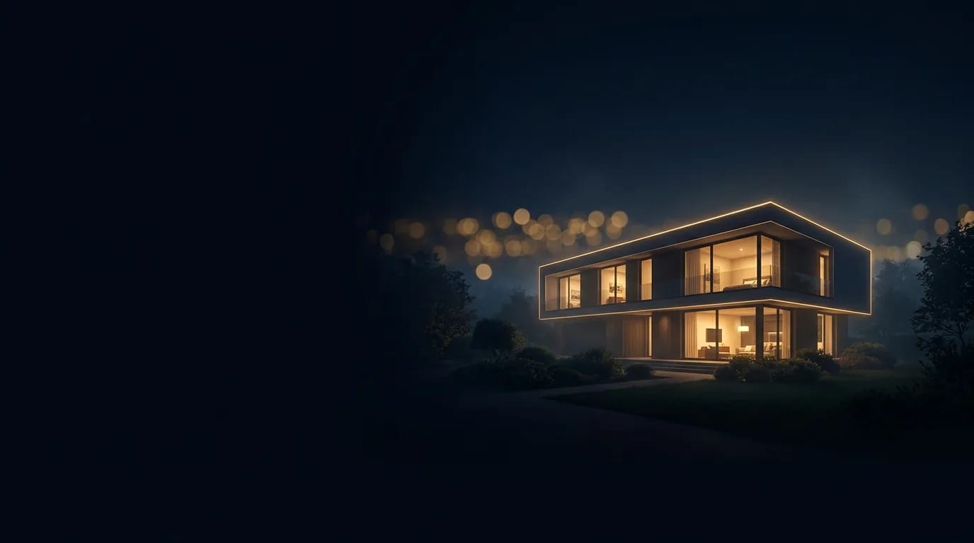 Casa moderna à noite, com luz quente nas janelas