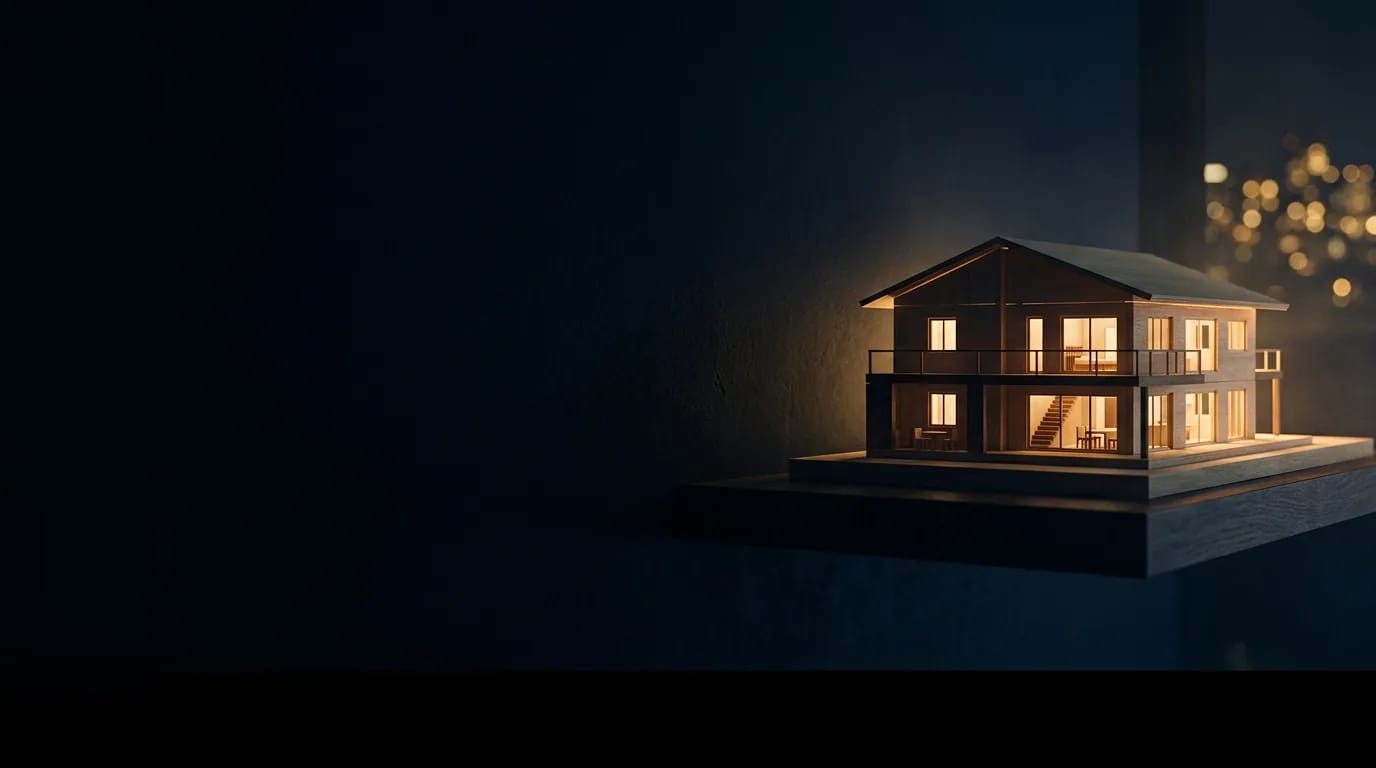 Maquete de uma casa de madeira com as janelas acesas, numa prateleira à meia-luz