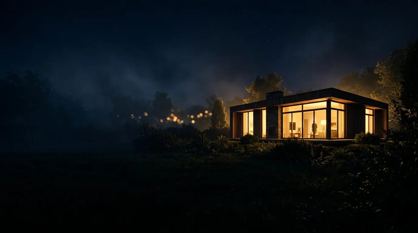 Casa térrea com grandes janelas de vidro acesas em luz dourada, à noite, vista do jardim