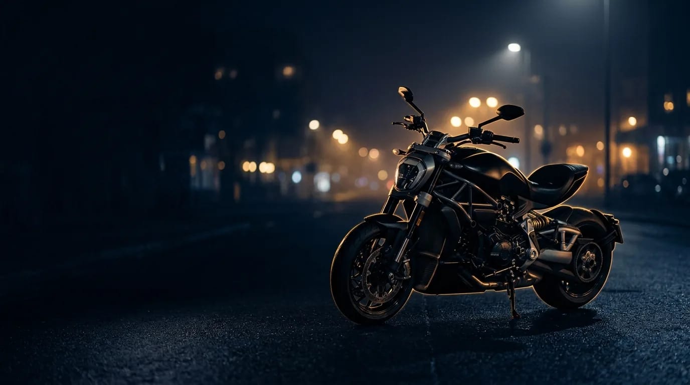 Moto preta estacionada no asfalto molhado à noite, com as luzes da cidade ao fundo