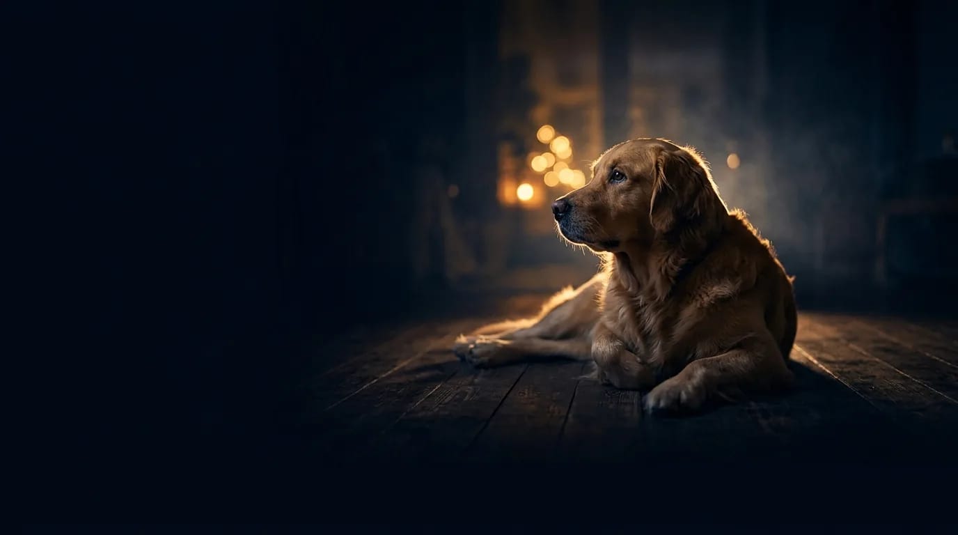 Golden retriever deitado no chão de madeira, iluminado por uma luz quente